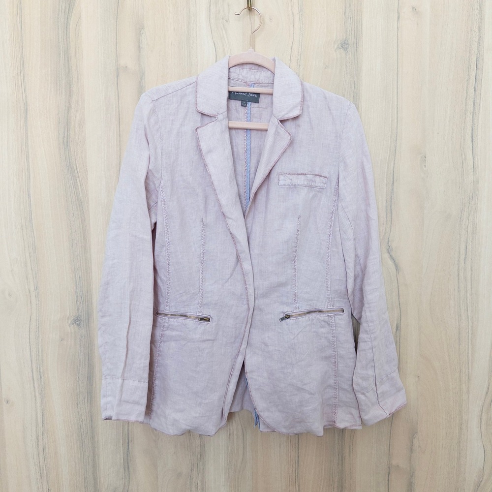 Michael Stars Womens Linen Blazer S Pink Raw Edge Zip Pocket Coastal Lagenlook
